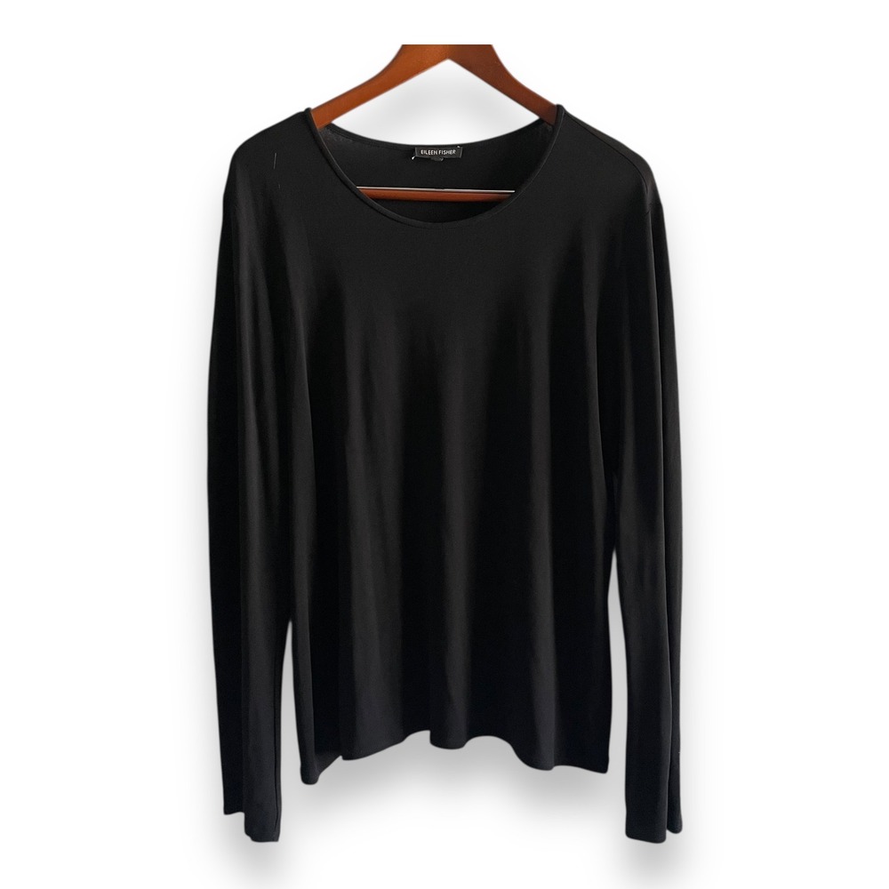 Eileen Fisher Black 100% Silk Jersey Long Sleeve Scoop Neck Top XL
